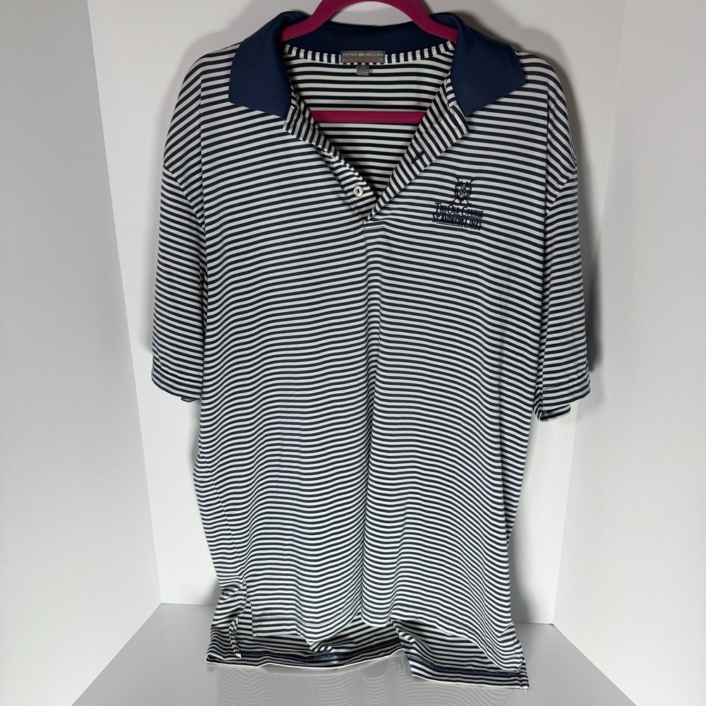 Peter Millar Polo Shirt Mens XL Blue White Stripe Summer Comfort Golf St Andrews